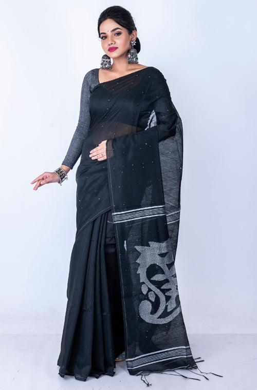 Morchari Bengal Handloom Cotton Zari Saree - Black - Distacart
