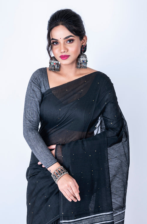 Morchari Bengal Handloom Cotton Zari Saree - Black - Distacart