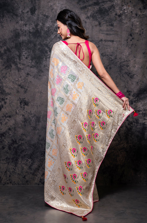 Morchari Pure Dola Silk Saree - Cream - Distacart
