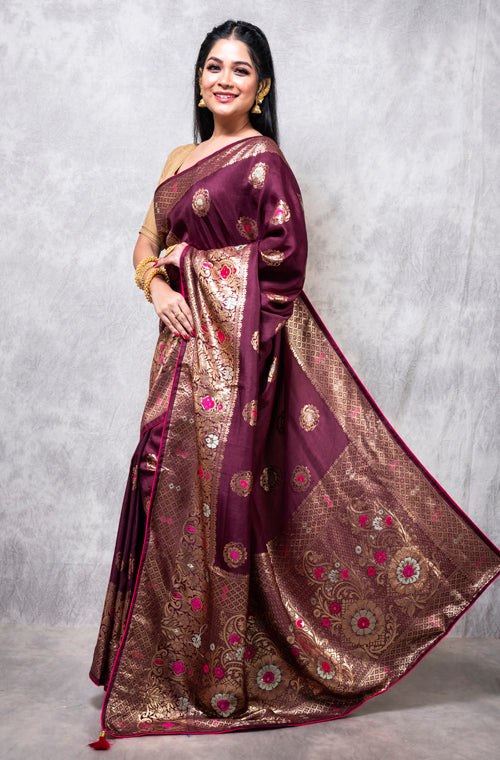 Morchari Pure Dola Silk Saree - Brown - Distacart