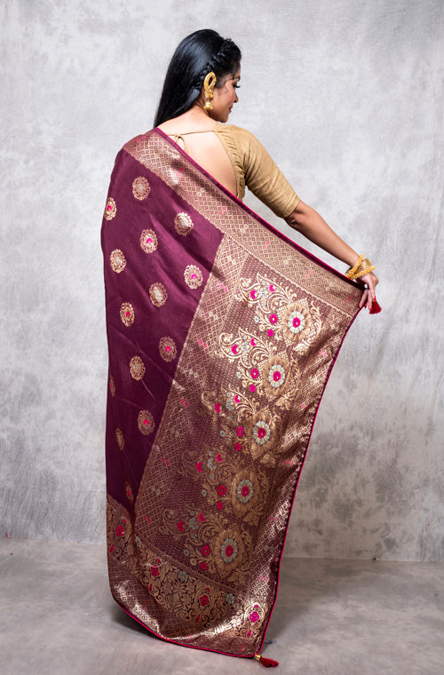 Morchari Pure Dola Silk Saree - Brown - Distacart