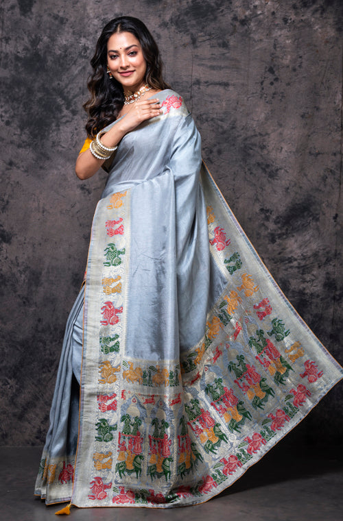 Morchari Pure Dola Silk Saree - Grey - Distacart
