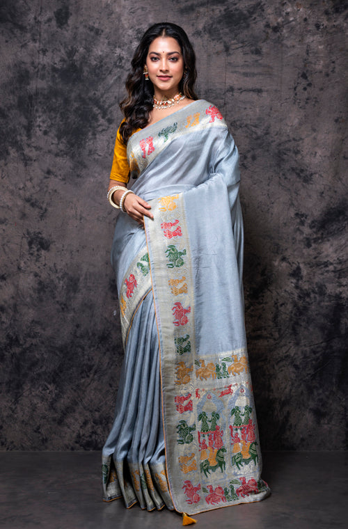 Morchari Pure Dola Silk Saree - Grey - Distacart