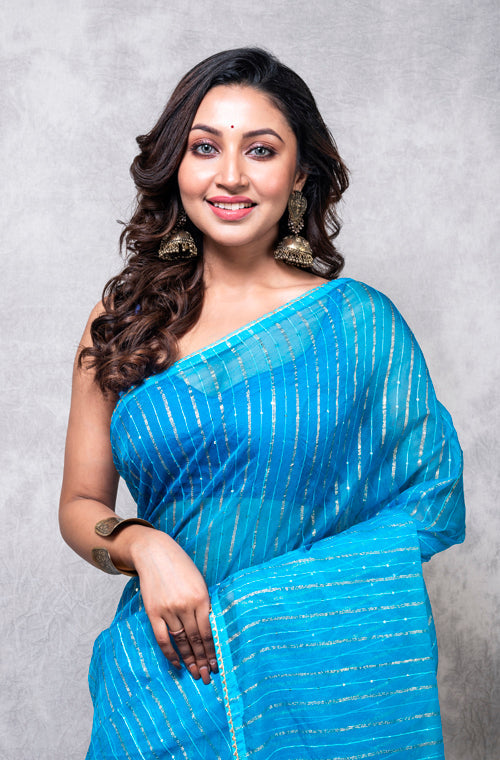 Morchari Organza Saree With Plain Blouse - Light Blue - Distacart