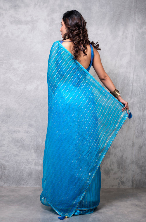 Morchari Organza Saree With Plain Blouse - Light Blue - Distacart