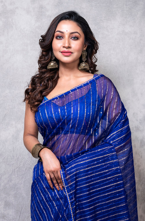 Morchari Organza Saree With Plain Blouse - Navy Blue - Distacart