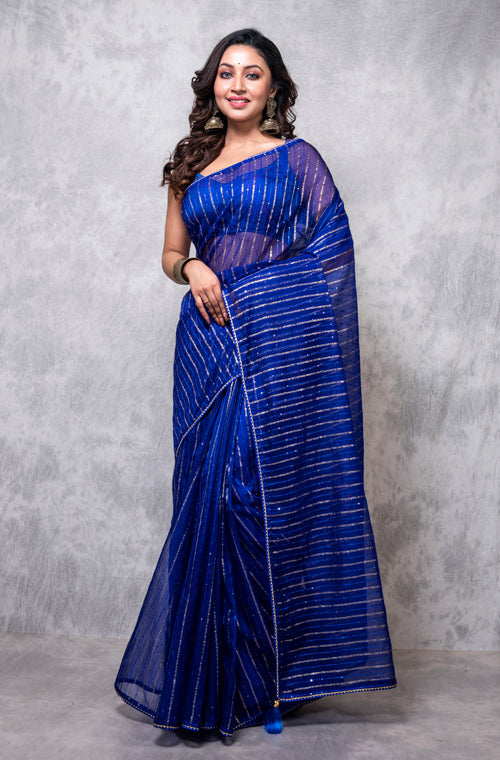Morchari Organza Saree With Plain Blouse - Navy Blue - Distacart