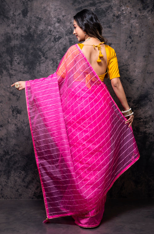 Morchari Organza Saree With Plain Blouse - Pink - Distacart