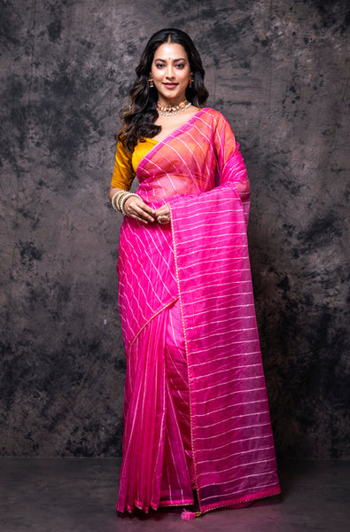 Morchari Organza Saree With Plain Blouse - Pink - Distacart