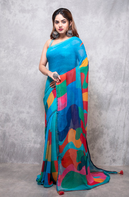Morchari Georgette Saree With Digital Print - Multicolour - Distacart