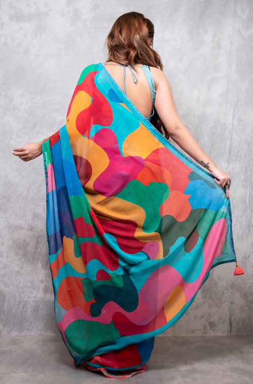 Morchari Georgette Saree With Digital Print - Multicolour - Distacart