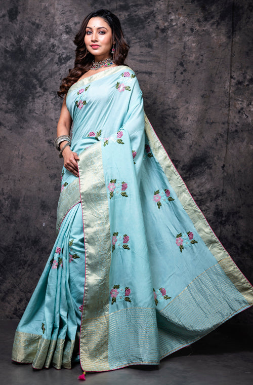 Morchari Fancy Embroidery Saree - Light Blue - Distacart
