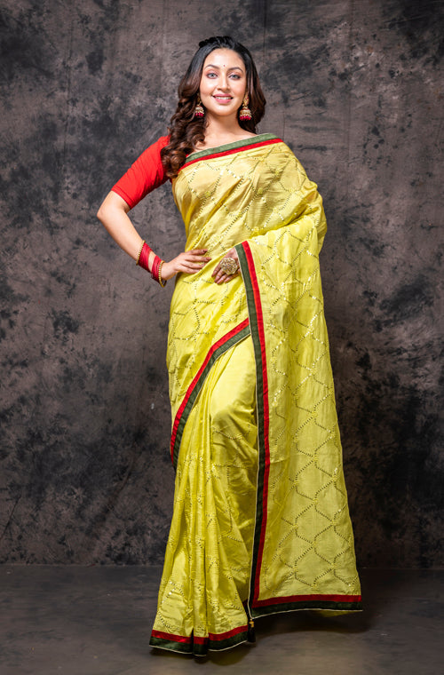 Morchari Fancy Embroidery Saree - Yellow - Distacart