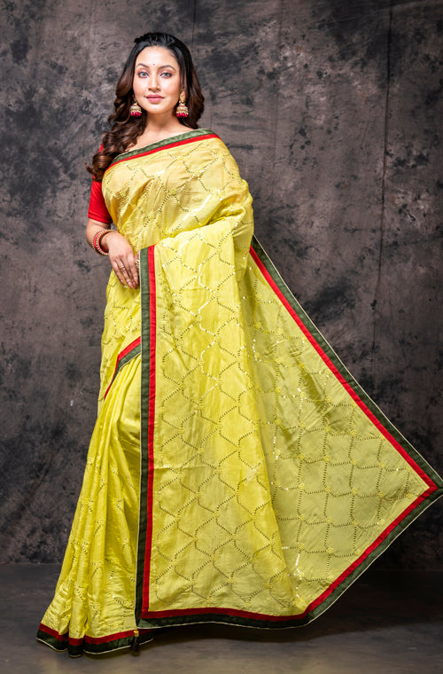 Morchari Fancy Embroidery Saree - Yellow - Distacart