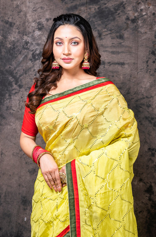 Morchari Fancy Embroidery Saree - Yellow - Distacart