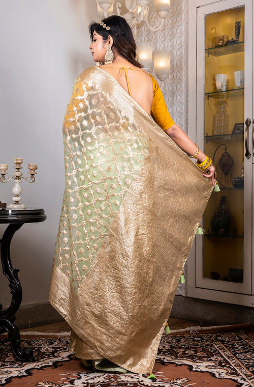 Morchari Organza Heavy Zari Saree - Green - Distacart