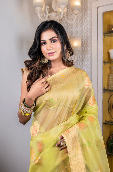 Morchari Organza Heavy Zari Saree - Green - Distacart