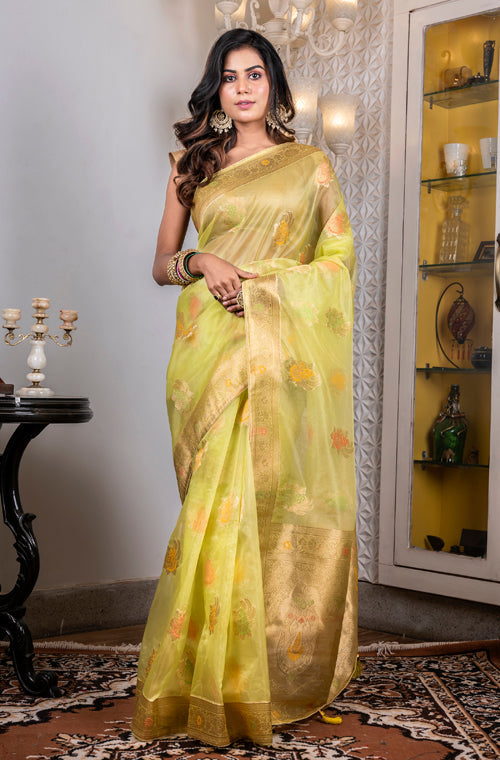 Morchari Organza Heavy Zari Saree - Green - Distacart