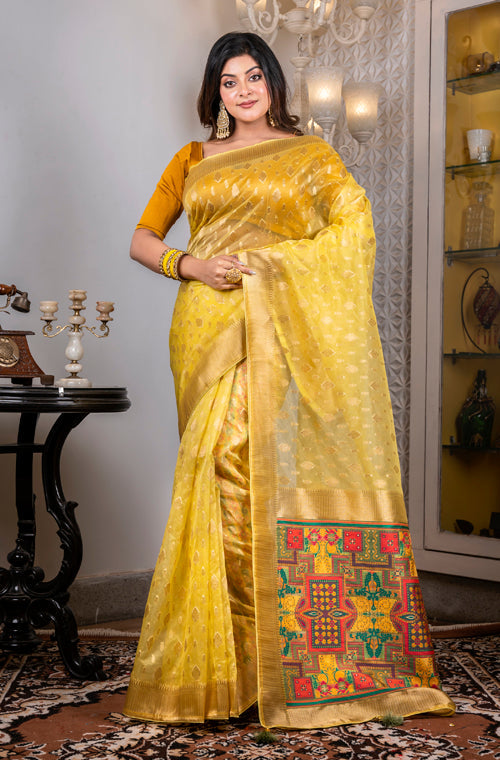 Morchari Organza Heavy Zari Saree - Yellow - Distacart
