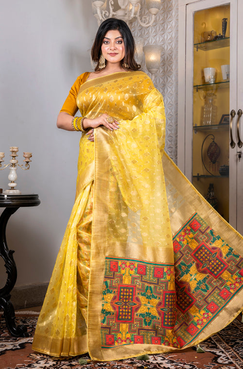 Morchari Organza Heavy Zari Saree - Yellow - Distacart