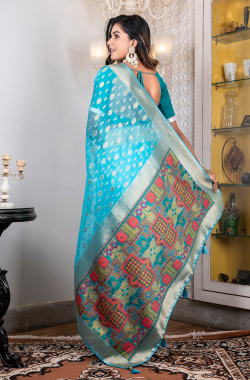 Morchari Organza Heavy Zari Saree - Light Blue - Distacart