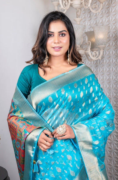 Morchari Organza Heavy Zari Saree - Light Blue - Distacart