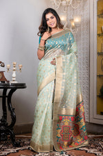 Thumbnail for Morchari Organza Heavy Zari Saree - Green - Distacart