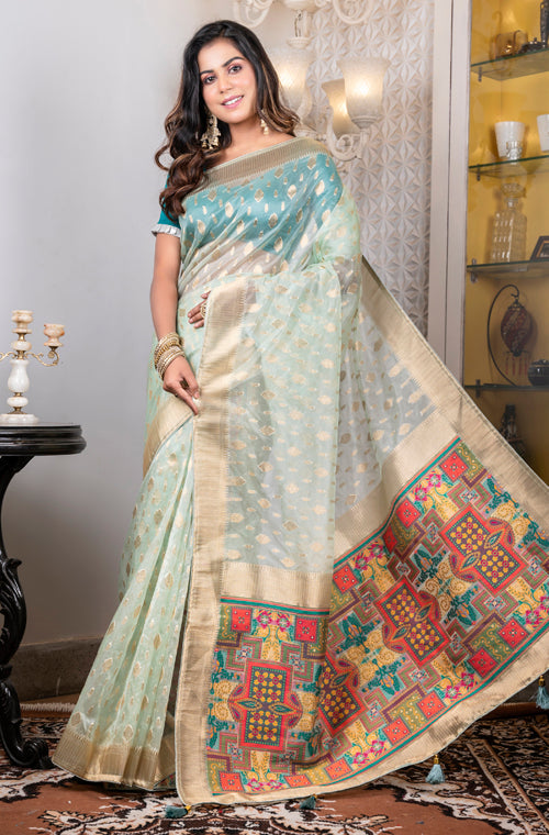 Morchari Organza Heavy Zari Saree - Green - Distacart