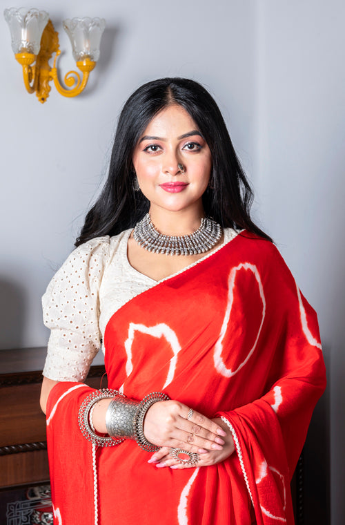 Morchari Chiffon Saree (Tie & Dye) - Red - Distacart