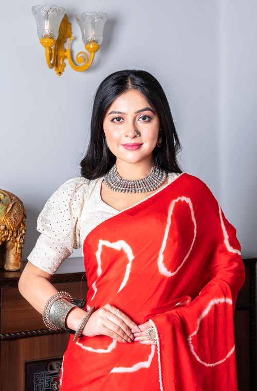 Morchari Chiffon Saree (Tie & Dye) - Red - Distacart
