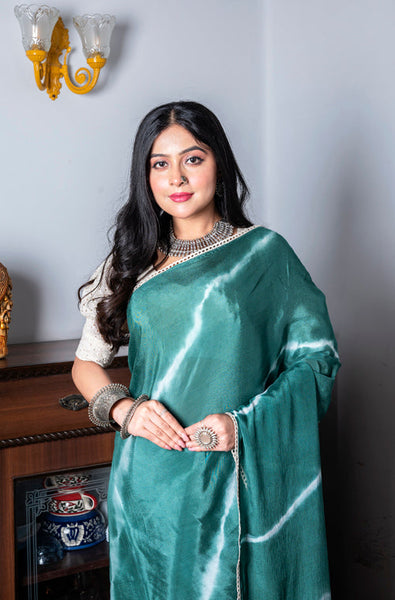 Morchari Chiffon Saree (Tie & Dye) - Green - Distacart
