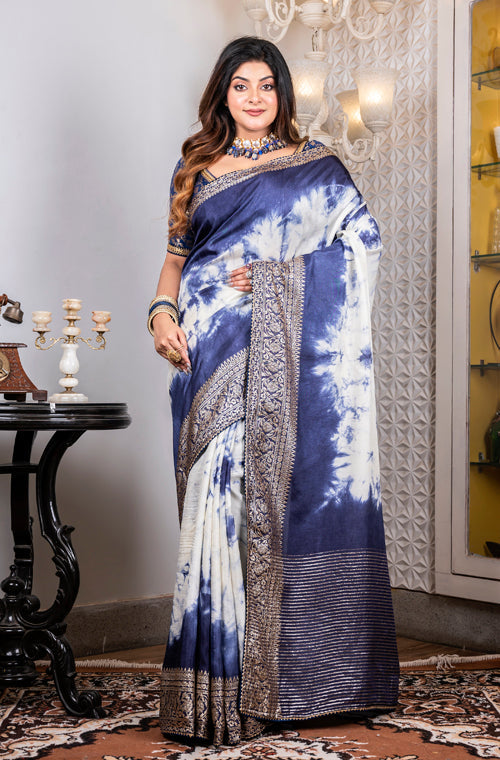 Morchari Pure Dola Saree (Marble Dye) - Blue - Distacart