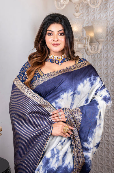 Morchari Pure Dola Saree (Marble Dye) - Blue - Distacart