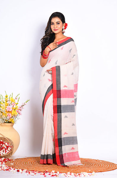 Morchari Bengal Handloom Linin Saree - Off White - Distacart