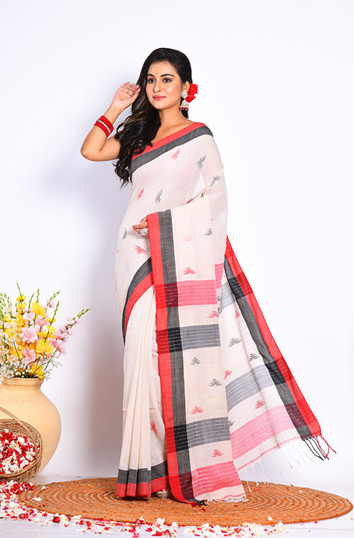 Morchari Bengal Handloom Linin Saree - Off White - Distacart