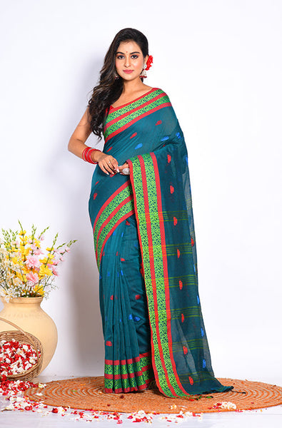 Morchari Cotton Handloom Saree - Green - Distacart