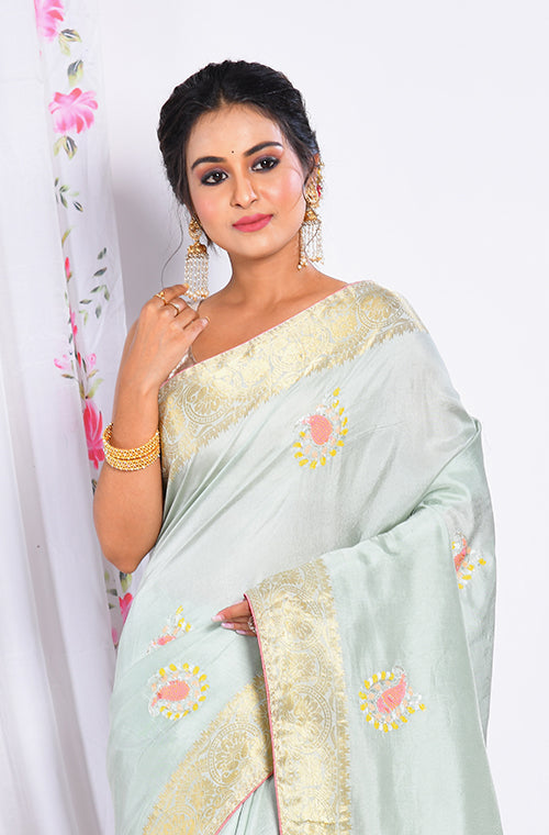 Morchari Heavy Embroidery Saree - Light Green - Distacart