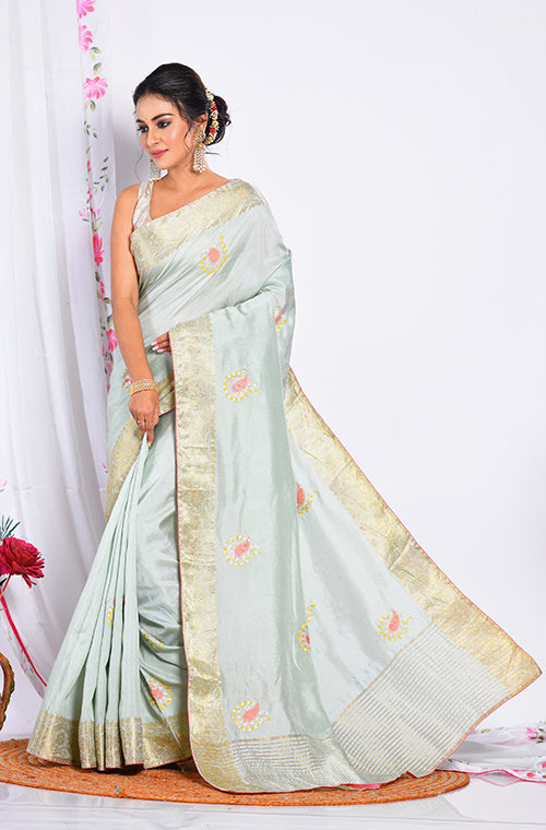 Morchari Heavy Embroidery Saree - Light Green - Distacart