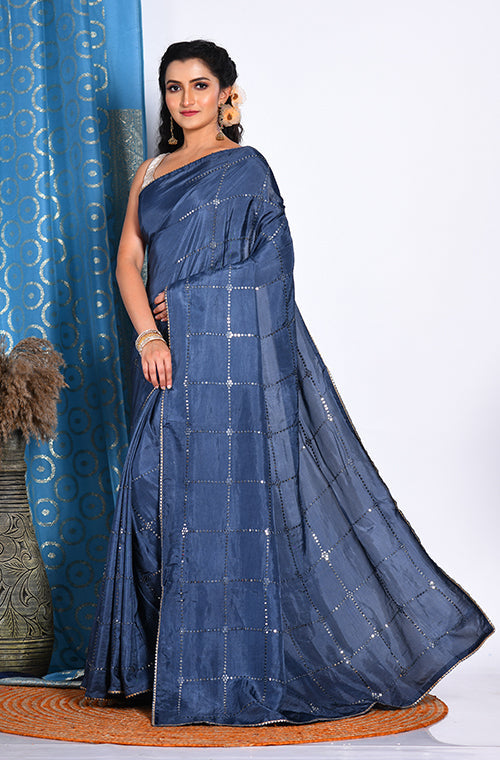Morchari Heavy Embroidery Saree - Grey - Distacart