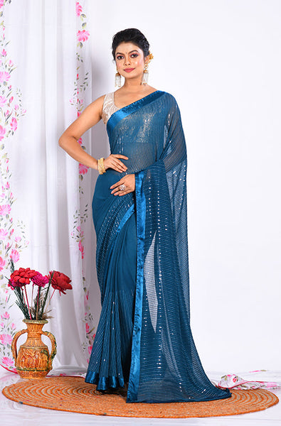Morchari Heavy Embroidery Saree - Dark Blue - Distacart