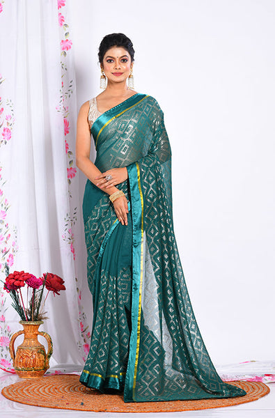 Morchari Heavy Embroidery Saree - Green - Distacart