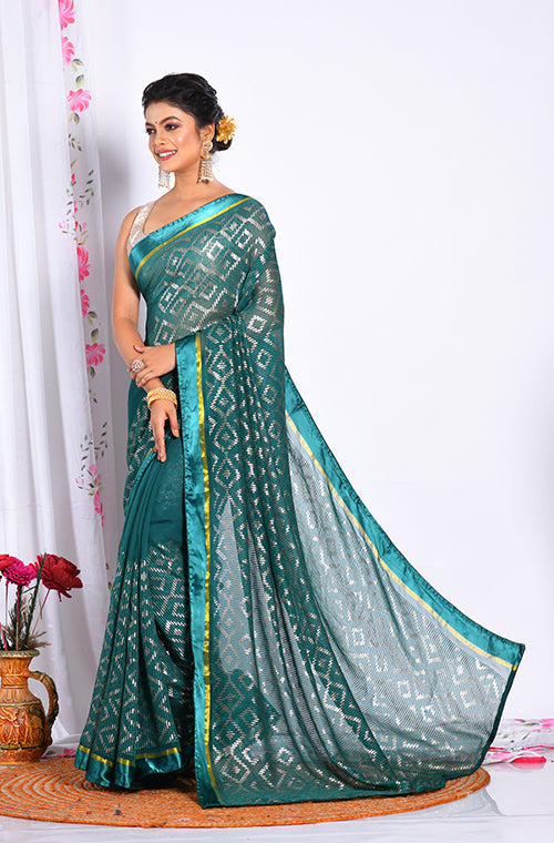 Morchari Heavy Embroidery Saree - Green - Distacart