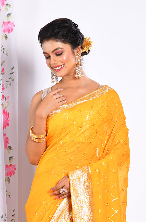 Morchari Heavy Embroidery Saree - Yellow - Distacart