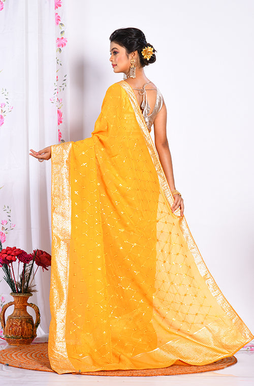 Morchari Heavy Embroidery Saree - Yellow - Distacart
