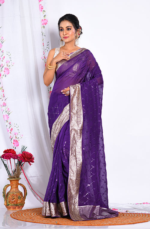Morchari Heavy Embroidery Saree - Purple - Distacart