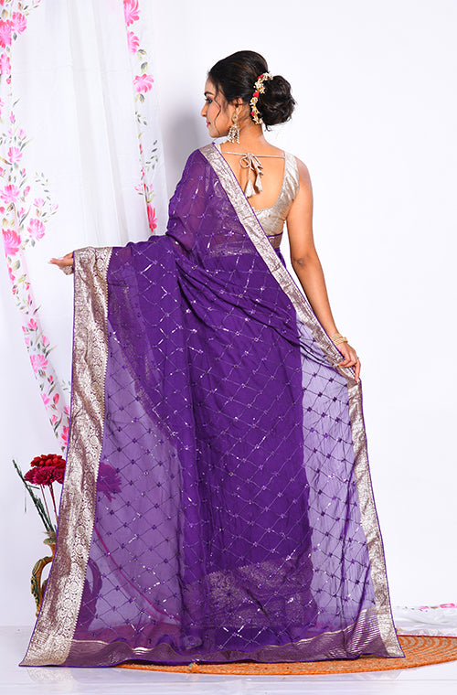 Morchari Heavy Embroidery Saree - Purple - Distacart