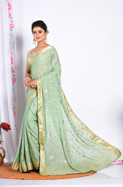 Morchari Heavy Embroidery Saree - Light Green - Distacart