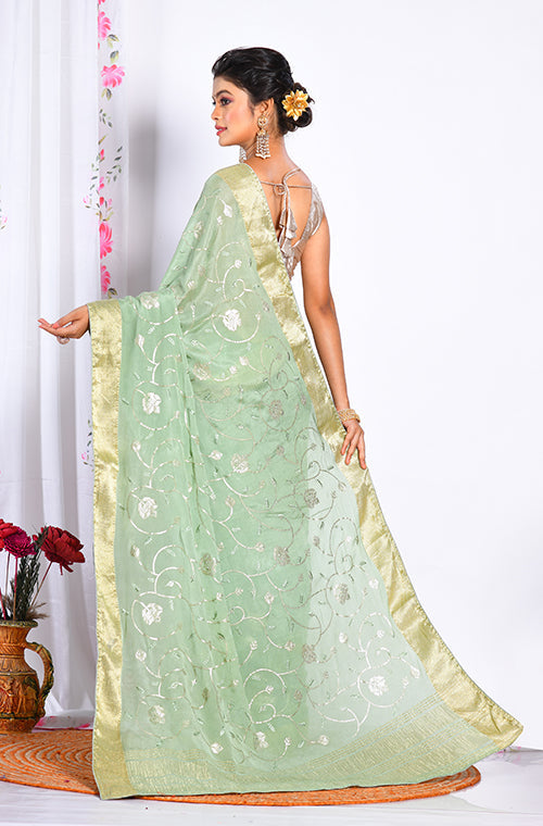 Morchari Heavy Embroidery Saree - Light Green - Distacart