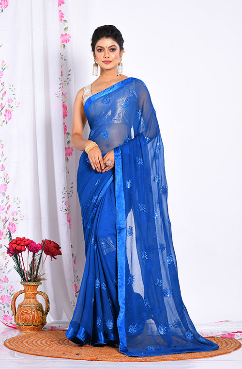 Morchari Heavy Embroidery Saree - Blue - Distacart