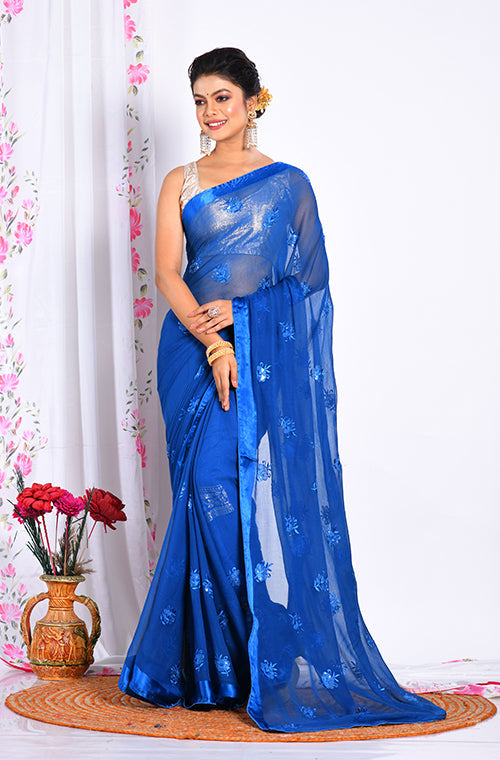 Morchari Heavy Embroidery Saree - Blue - Distacart